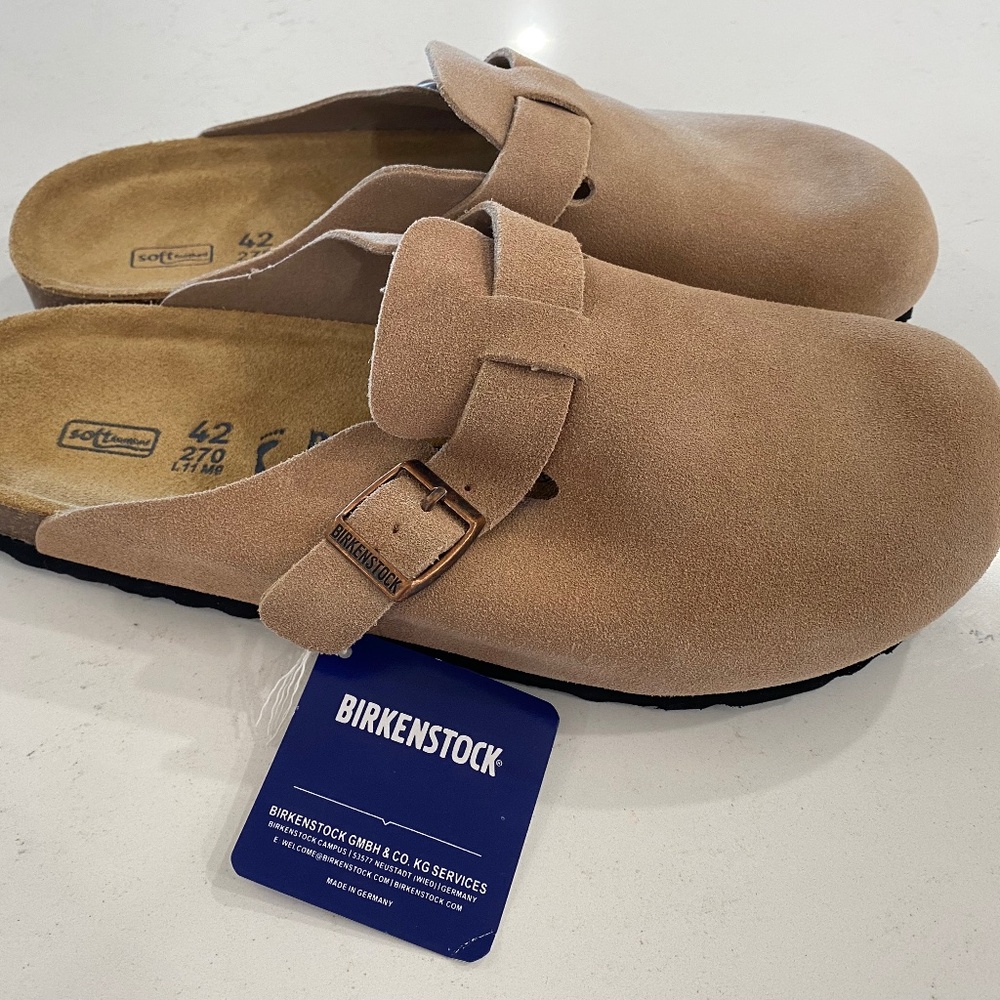 Birkenstock Boston taupe suede mule clogs